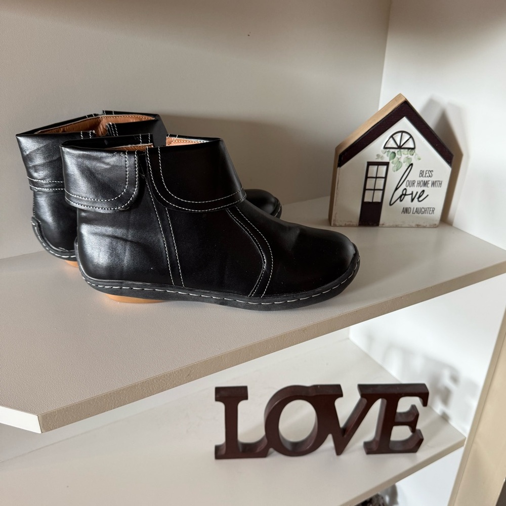 Black Ankle Boots with White Topstitching - Picture 2 of 10